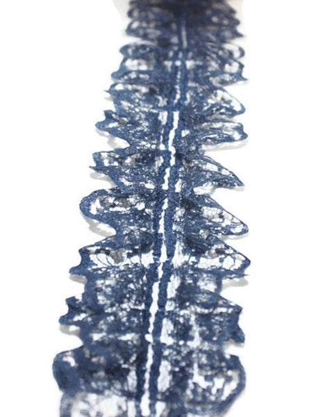 45 mm Dark Blue Pleated Ruffle, Dark Blue Lace trim, Lettuce Edge Trim, embroidered lace fabric , 1.77 inches lace trim ,  Lace Trim , Lace