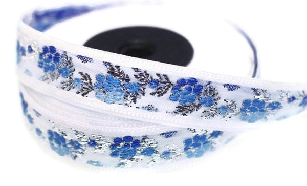 35 mm White Front Blue&Silver Floral Jacquard ribbon (1.37 inches, Jacquard trim, Balkans Decorative Ribbon, Sewing Trim, Collar Trim, 35011