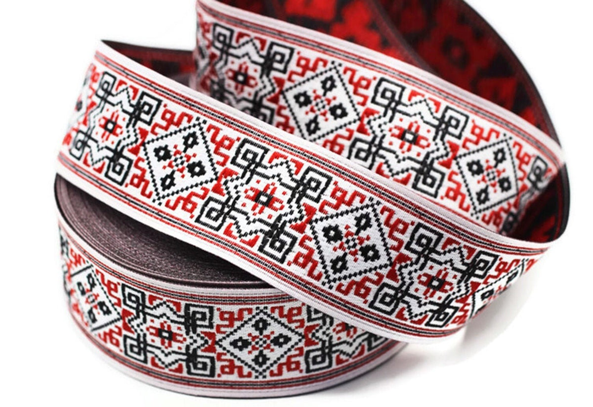 28 mm Red/White Geometric Ribbon (1.10 inch, Jacquard ribbons, jacquar ...
