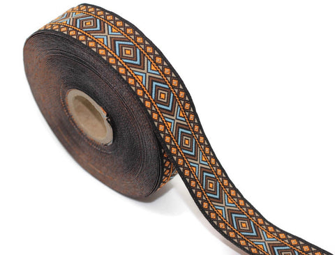 25 mm Sky Blue and Orange Hippie Motif Ribbon (0.98 inches), Woven Trim, Ethnic Ornament Ribbon, Boho Style Trim, 25995