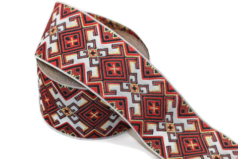 50 mm Red/White Mosaic Jacquard ribbon (1.37 inches) ,Decorative Craft Ribbon, Sewing trim, jacquard ribbon, embroidered ribbon, 50941