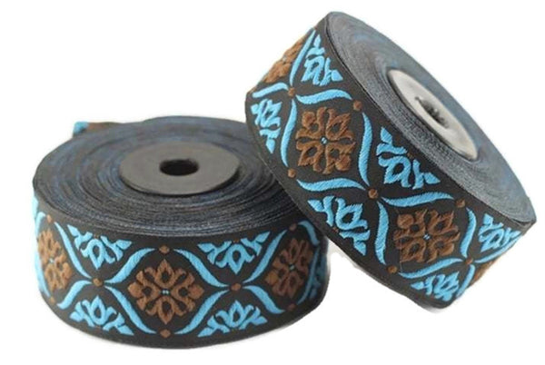 25 mm Brown/Blue Mediterranean Ribbon (0.98 inches), Jacquard ribbons,  jacquard trim, fabric wide trims, craft supplies, trim, 25973