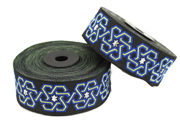 25 mm Stars motive Blue jacquard ribbons (0,98 inches) Fabric trim, jacquard trim, craft supplies, collar supply, jacquard border, 25974
