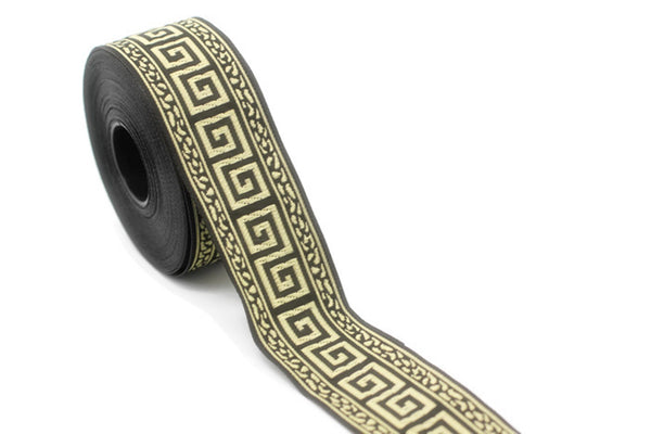 35 mm Black/Gold Greek Key ribbons (1.37 inches), ribbon trims, jacquard ribbons, fabric ribbons, vintage trim, geometric ribbons, 35060