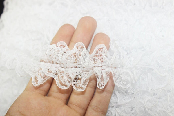 45 mm White Pleated Ruffle , White Lace trim, Lettuce Edge Trim, embroidered lace fabric , 1.77 inches lace trim , Tulle Lace Trim