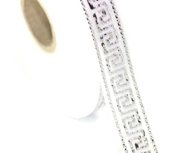 15 mm White&Silver Greek key Jacquard ribbons (0.59 inches, Jacquard trim, Sewing, Jacquard ribbons, Trim, dog collars, embroided trim