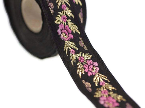 26 mm Black Front Pink Floral Jacquard ribbon (1.02 inches), Jacquard trim, Balkans Decorative Ribbon, Sewing Trim, Collar Trim, 26011