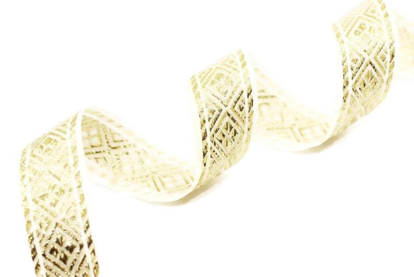 25 mm Cream&Gold Geometric ribbon (0.98 inches), Jacquard trim, Sewing, Jacquard ribbons, Trim, golden ribbon, embroidered ribbon, ribbon