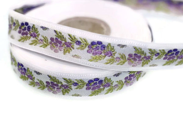 35 mm White Front Purple Floral Jacquard ribbon (1.37 inches) - Jacquard trim - Balkans Decorative Ribbon - Sewing Trim - Collar Trim