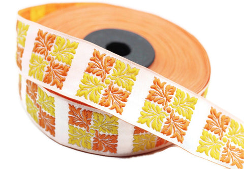 25 mm Orange & Yellow Square Ribbons (0.98 inches), Geometric trim, jacquard trims, craft supplies, vintage trim, jacquard ribbons, 25705