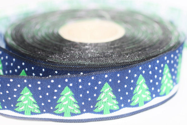 22 mm Blue Christmas jacquard ribbons 0.86 inches, pine tree embroidered trim, Christmas trim, Christmas jacquards, Christmas border, 22482