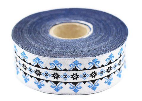 28 mm Blue/White Scandinavian Ribbon  (1.10 inches, Jacquard ribbons, jacquard trims, fabric wide trims, craft supplies, vintage trim, 28114