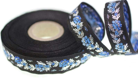 26 mm Black Front Blue Floral Jacquard ribbon (1.02 inches), Jacquard trim, Balkans Decorative Ribbon, Sewing Trim, Collar Trim, 26011