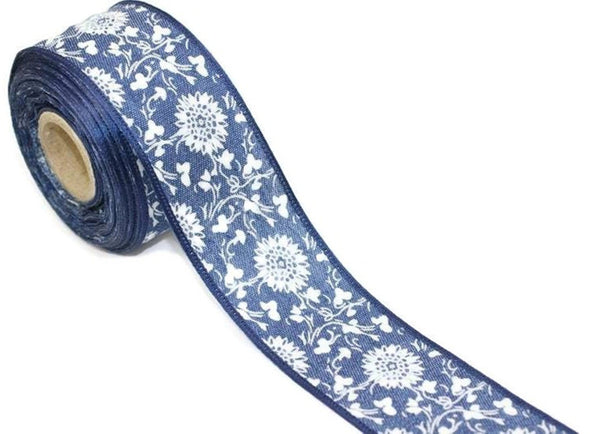 40 mm Blue embroidered Flower of snow trim 1.57 inches, vintage Ribbon, Craft Ribbon, Blue ribbon, vintage Ribbon,  NWBR