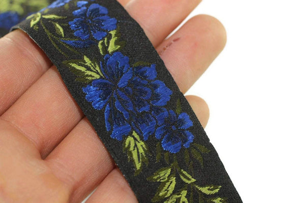 25 mm Blue / Black Floral Jacquard trim (0.98 inches, vintage Ribbon, Decorative Craft Ribbon, Floral Jacquard Ribbon Trim, ribbon, 25096