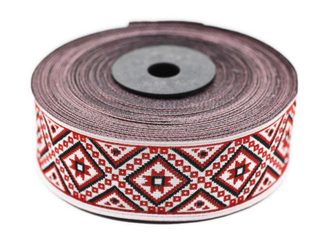 28 mm Red/White Carpet Ribbon (1.10 inch, Jacquard ribbons, jacquard trims, fabric wide trims, craft supplies, vintage trim, trimming, 28116