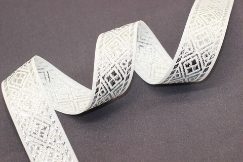 25 mm White&Silver Geometric ribbon (0.98 inches), Jacquard trim, Sewing, Jacquard ribbon, Trim, silver ribbon, embroidered ribbon, ribbon