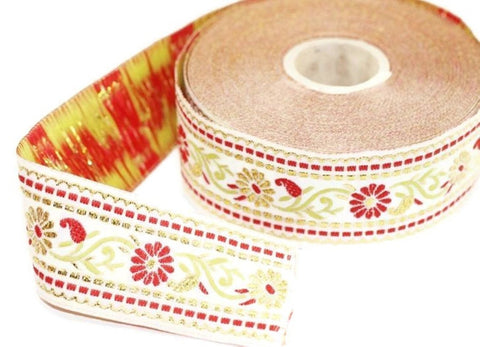 35 mm White & RedFloral Jacquard ribbons (1.37 inches), Jacquard trim, Sewing Trim, Collar Trim, Ribbon by the yards, Vintage ribbon 35095