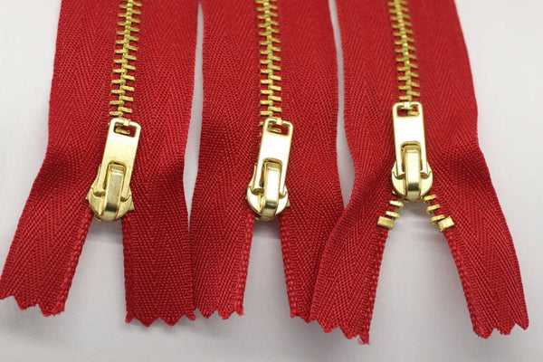 5 Pcs Red Metal zippers with gold brass teeth, 18-100cm (7-40inches zipper, Jean Zipper, dress zipper, Jacket zipper, teeth zipper, MTZF