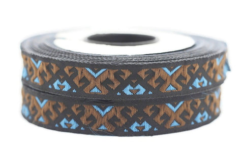 12 mm Blue/Brown embroidered ribbon trim, 0.47inc, jacquard ribbons, french ribbon, Jacquard trim, sewing trim, Woven Ribbon, trimming 12895