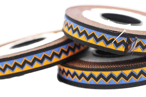 12 mm Orange/Blue triangle ribbon trim, 0.47inc, jacquard ribbons, french ribbon, Jacquard trim, sewing trim, Woven Ribbon, trimming, 12897