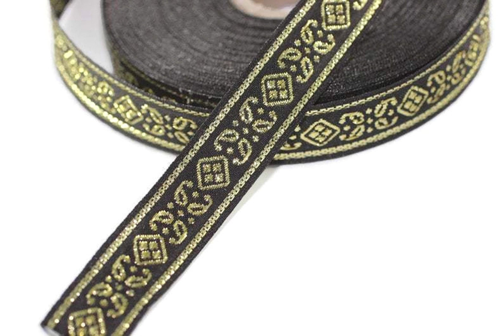 15 mm Black&Gold Geometric Jacquard ribbons, 0.59 inches, embroidered ribbon, jacquard trim, embroided trim, decorative ribbon, ribbon trim