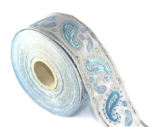 22 mm blue patterned Jacquard trim (0.86 inches), drop embroidered trim, drop ribbon, woven ribbon, woven jacquard, sewing trim, 22807