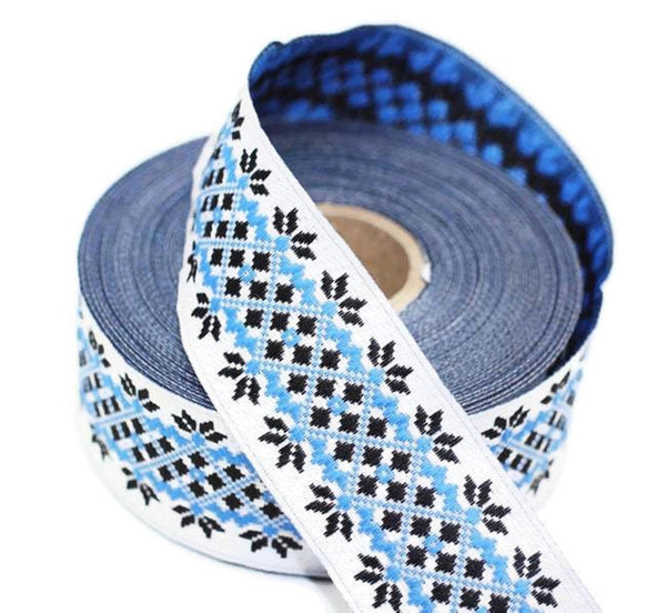 28 mm Blue/White mosaic Ribbon (1.10 inc, Jacquard ribbons, jacquard trims, fabric wide trims, craft supplies, vintage trim, trimming, 28112