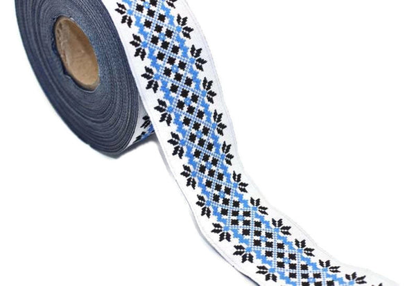 28 mm Blue/White mosaic Ribbon (1.10 inc, Jacquard ribbons, jacquard trims, fabric wide trims, craft supplies, vintage trim, trimming, 28112