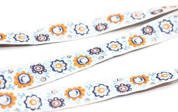 15 mm Blue&Orange Jacquard ribbons, 0.59 inches, Flower emborierd, Sewing, Jacquard ribbons, Trim, dog collars, tape, bag strap, 15699
