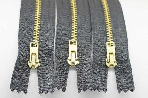 5 Pcs Gray Metal zippers with Gold brass teeth, 18-100cm (7-40inches) zipper, Jean Zipper, dress zipper, lightweight zipper, Teeth zip, MTZF