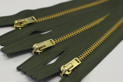 5 Pcs Military Green Metal zippers with brass teeth, 18-100cm (7-40inches), Jean Zipper, dress zipper, lightweight zipper, teeth zip, MTZF