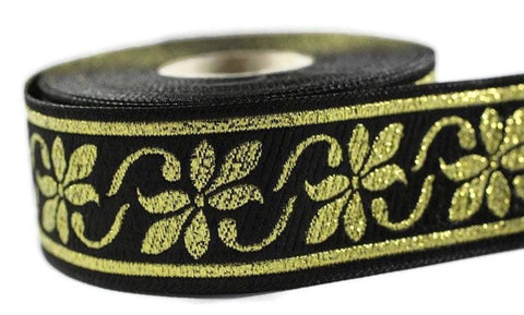 16 mm Black/Gold Floral Jacquard trim (0.62 inches), Decorative Craft Ribbon, Sewing, Jacquard ribbon, Trim, woven ribbons