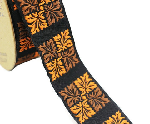 25 mm Brown&Orange Square Ribbons (0.98 inches), Geometric trim, jacquard trims, craft supplies, vintage trim, jacquard ribbons, 25705