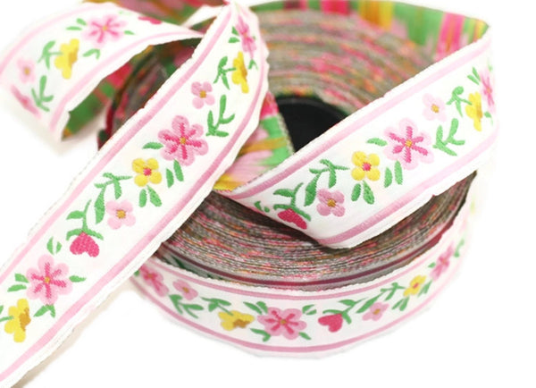 22 mm Pink/white Floral Jacquard ribbons (0.86 inches, woven ribbon, authentic ribbon, Sewing, Scroll Jacquard trim, vintage ribbons, 22947