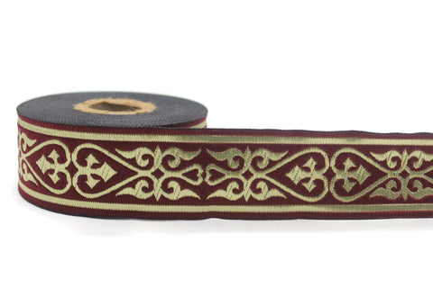 35 mm Burgundy Celtic Jacquard Ribbon (1.37 inches), Celtic Tapestry, Heart embroidered Jacquard trim, Upholstery Fabric 35068