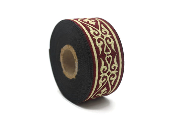 35 mm Burgundy Celtic Jacquard Ribbon (1.37 inches), Celtic Tapestry, Heart embroidered Jacquard trim, Upholstery Fabric 35068