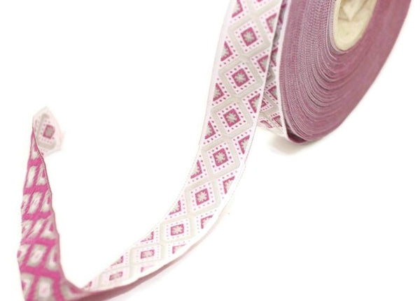 15 mm Pink&Light Brown Triangle Motive Jacquard ribbon, (0.59 inches), jacquard ribbon, triangle ribbon, french ribbon, Jacquard trim, 15693