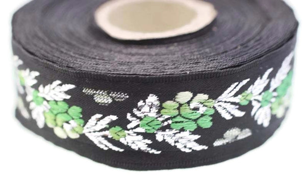 26 mm Black Front Green Floral Jacquard ribbon (1.02 inches), Jacquard trim, Balkans Decorative Ribbon, Sewing Trim, Collar Trim, 26011