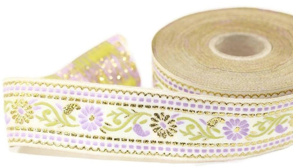35 mm White & Lilac Floral Jacquard ribbon (1.37 inches), Jacquard trim, Sewing Trim, Collar Trim, Ribbon by the yards, Vintage ribbon 35095