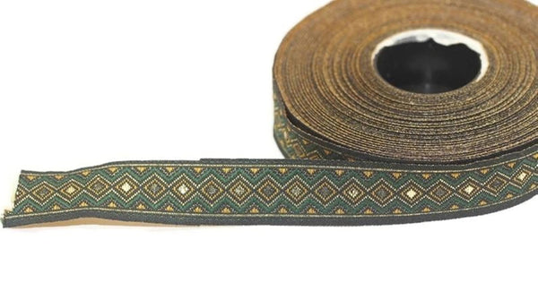 15 mm Green&Gold Triangle Motive Jacquard ribbons, (0.59 inches), craft supplies, triangle ribbon, french ribbon, Jacquard trim, 15810
