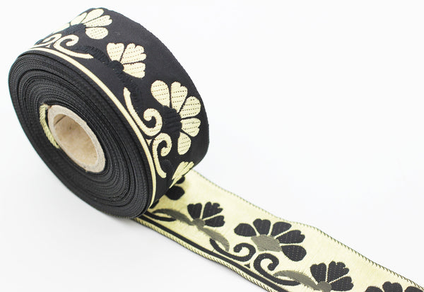 35 mm Gold&Black Jacquard ribbons 1.37 inches, daisy Style Jacquard trim, Jacquard ribbons