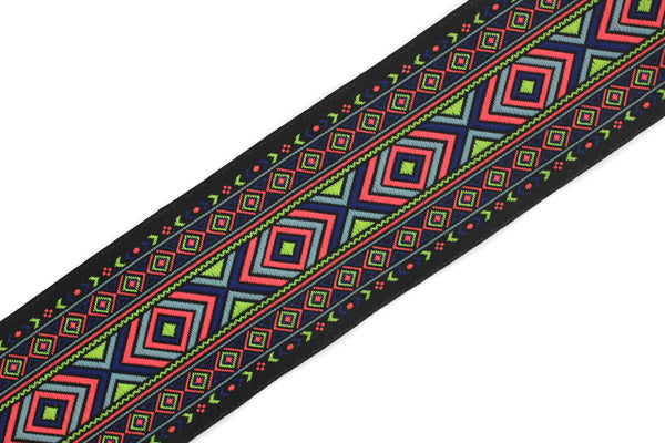 50 mm Neon Green& Orange African Motif Ribbon (1.96 inches),  jacquard trim, Jacquard Ribbon, ribbon, costume trim, trim, 50995