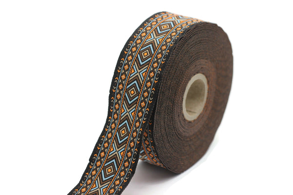 35 mm Blue&Orange African Motif Ribbon (1.37 inches), Vintage Jacquard, African Pattern Ribbon, Sewing Trim, Huge Trim, Large ribbon, 35995