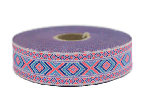 25 mm Neon Orange and Blue Hippie Motif Ribbon (0.98 inches), Woven Trim, Ethnic Ornament Ribbon, Boho Style Trim 25995