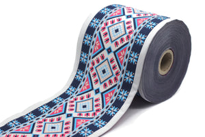 100 mm Blue Geometric Motif Ribbon (3.93 inches), Vintage Jacquard, Sewing Trim, Huge Trim, Large ribbon, jacquard ribbon, bag strap, 100996