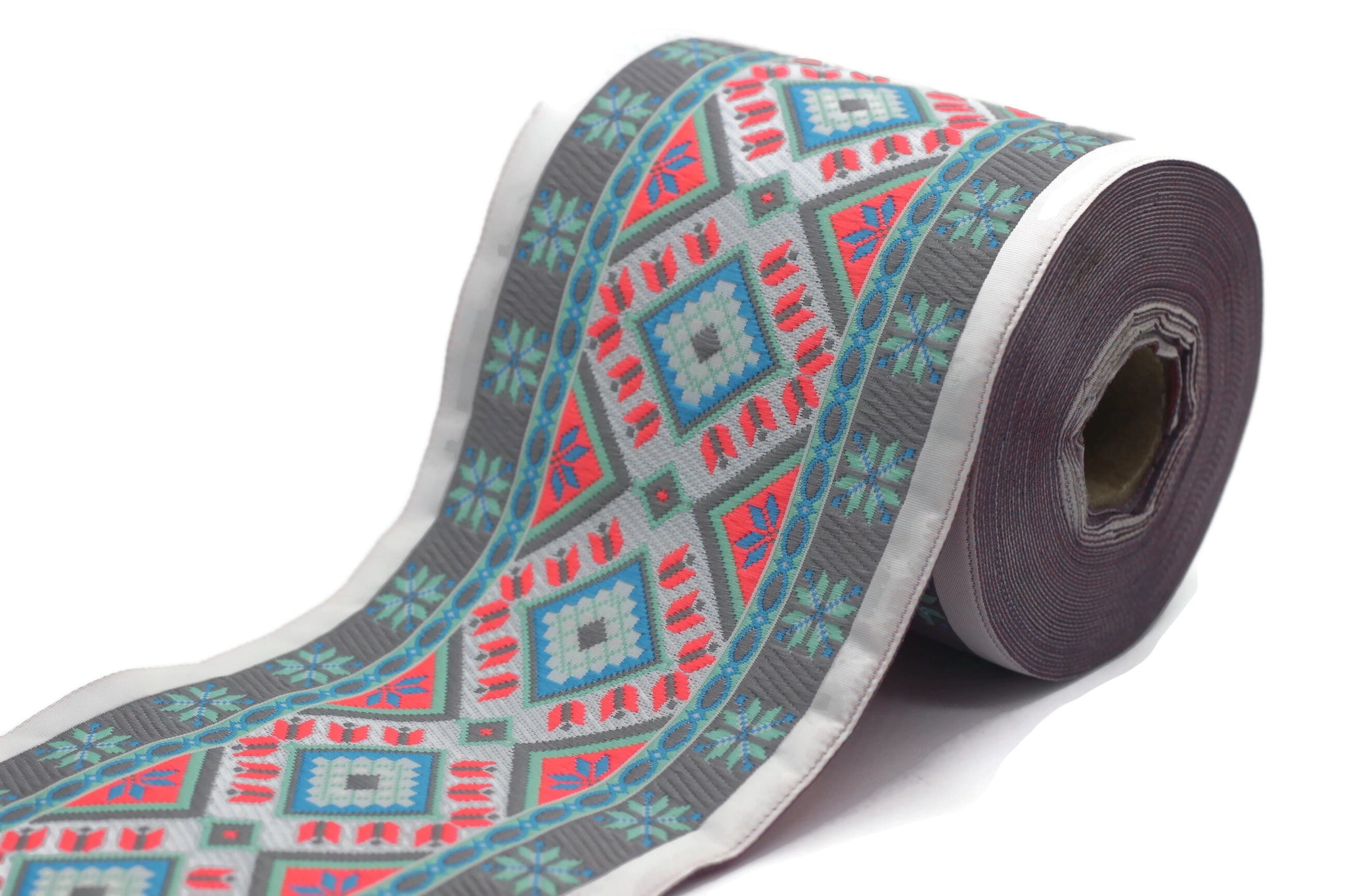 100 mm Colorfull Geometric Motif Ribbon (3.93 inches), Vintage Jacquard, Sewing Trim, Large ribbon, jacquard ribbon, bag strap, 100996