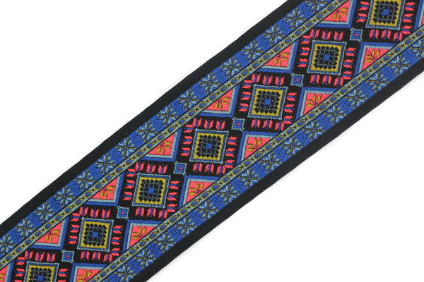 50 mm Blue Geometric Motif Ribbon (1.96 inches), Vintage Jacquard, Sewing Trim, Huge Trim, Large ribbon, trimming, 50996
