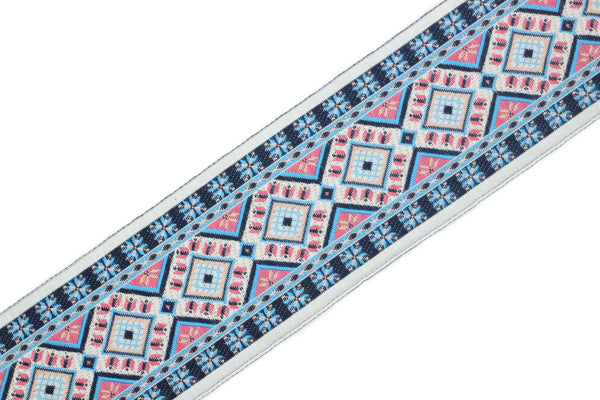 50 mm Blue Geometric Motif Ribbon (1.96 inches) , Vintage Jacquard, Sewing Trim, Huge Trim, Large ribbon, jacquard ribbon, bag strap, 50996