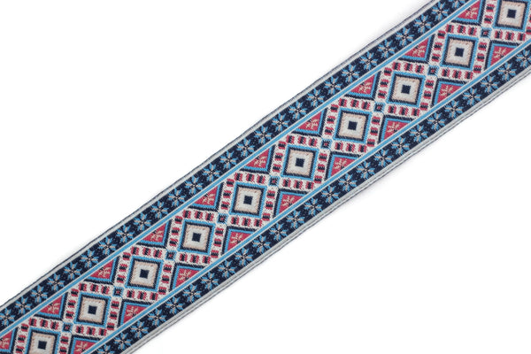 35 mm Blue Geometric Motif Ribbon (1.37 inches) , Vintage Jacquard, Sewing Trim, Huge Trim, Large ribbon, jacquard ribbon, bag strap, 35996